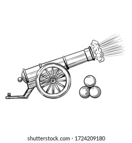 An ancient cannon with gun cores. Gunshot, sketch vector isolated on white background.