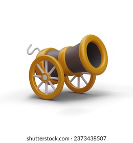 Ancient cannon on wheels for computer game. Weapons for shooting. Military cannon for computer 3d game concept. Vector illustration in yellow and black colors