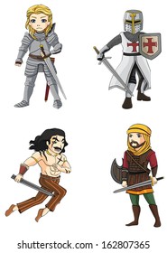 Ancient cartoon male warriors fighters soldier and military warlords from various culture icon character set 4 consists of knight, Persian, barbarian, Crusader, and Celtic warrior. create by vector 