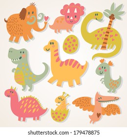 Ancient cartoon set in vector. Funny dinosaurs with mammoth in childish style