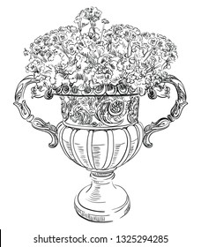 Ancient carving street vase with flowers vector hand drawing illustration in black color isolated on white background