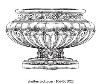 Ancient carving street vase vector hand drawing illustration in black color isolated on white background