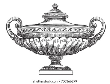 Ancient carving street vase vector hand drawing illustration in black color isolated on white background