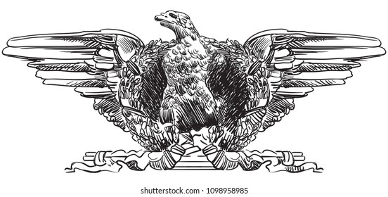 Ancient carving vignette from Italy. Bas sculpture eagle, vector hand drawing illustration in black color isolated on white background