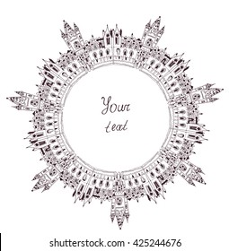 Ancient castle background with frame - sketchy hand drawn design. Vector illustration