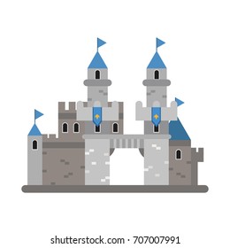 Ancient castle with blue flags, medieval architecture building vector Illustration