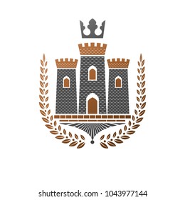 Ancient Castle emblem. Heraldic Coat of Arms decorative logo isolated vector illustration. Retro logotype in old style on white background.