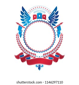 Ancient Castle emblem. Heraldic Coat of Arms decorative logo with bird wings isolated vector illustration created with laurel wreath and medieval tower.