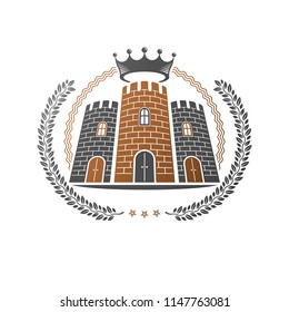 Ancient Castle emblem. Heraldic Coat of Arms decorative logo isolated vector illustration. Ornate logotype in old style on white background.