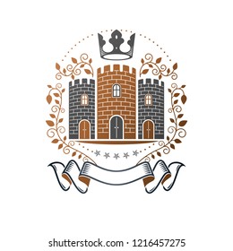 Ancient Castle emblem. Heraldic Coat of Arms decorative logo isolated vector illustration. Retro logotype in old style on white background.