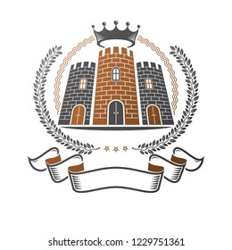Ancient Castle emblem. Heraldic Coat of Arms decorative logo isolated vector illustration. Ornate logotype in old style on white background.