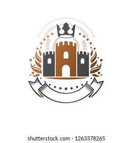Ancient Castle emblem. Heraldic Coat of Arms decorative logo isolated vector illustration. Antique logotype in old style on white background.