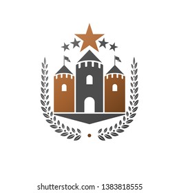 Ancient Castle emblem. Heraldic Coat of Arms decorative logo isolated vector illustration. Ornate logotype in old style on white background.