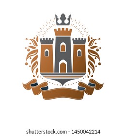 Ancient Castle emblem. Heraldic Coat of Arms decorative logo isolated vector illustration. Antique logotype in old style on white background.