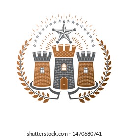 Ancient Castle emblem. Heraldic Coat of Arms decorative logo isolated vector illustration. Retro logotype in old style on white background.