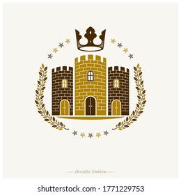 Ancient Castle emblem. Heraldic Coat of Arms decorative logo isolated vector illustration. Antique logotype in old style on white background.