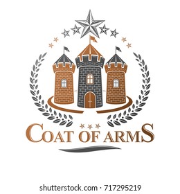 Ancient Castle emblem. Heraldic Coat of Arms decorative logo isolated vector illustration. Retro logotype in old style on white background.