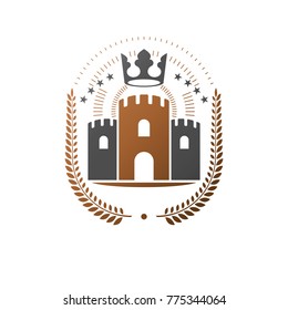 Ancient Castle emblem. Heraldic Coat of Arms decorative logo isolated vector illustration. Ornate logotype in old style on white background.
