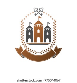Ancient Castle emblem. Heraldic Coat of Arms decorative logo isolated vector illustration. Retro logotype in old style on white background.