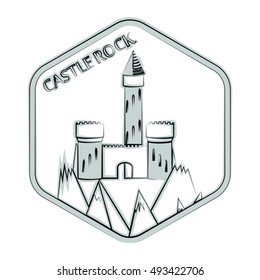 Ancient castle in hexagon as emblem, sign or logo