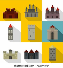 Ancient castle icon set. Flat style set of 9 ancient castle vector icons for web design