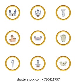 Ancient castle icons set. Cartoon style set of 9 ancient castle vector icons for web design