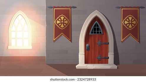 Ancient castle interior concept. Stone walls with window, flags and door. Medieval building for royal family. Inside view of tower. Palace with sunlight. Cartoon flat vector illustration