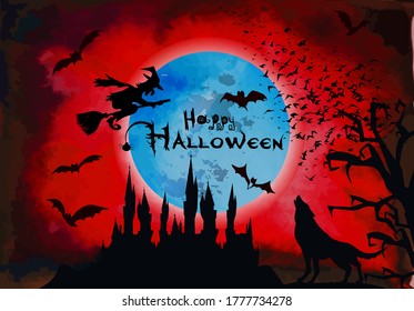 Ancient castle and moon. Flying bats. Happy Halloween. Vector illustration