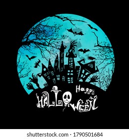 Ancient castle and moon. Flying bats. Happy Halloween. Vector illustration
