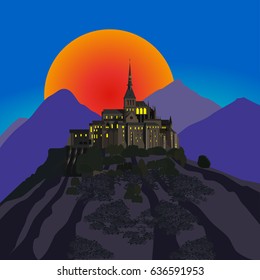 Ancient castle in mountains at sunset. Vector illustration EPS10