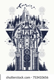 Ancient castle on the mountain tattoo and t-shirt design. Symbol of the fairy tale, dream, magic castle 