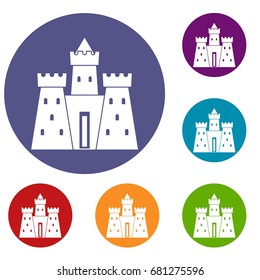 Ancient castle palace icons set in flat circle red, blue and green color for web