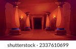 Ancient castle, palace or temple interior in Egypt. Old pyramid or pharaoh tomb corridor with pillars, stone bricks walls, arch and torches, vector cartoon illustration