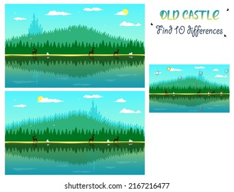 The ancient castle rises above the forest and mountains. Wild animals in the forest. Deer, hares, birds. Find 10 differences. Educational game for children. Cartoon vector illustration