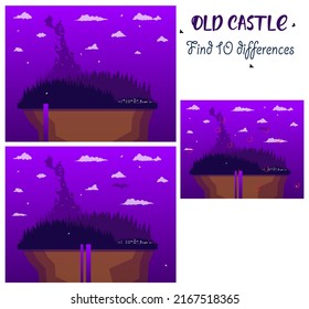 The ancient castle rises above the forest and mountains. Wild animals in the forest. Deer, hares, birds. Find 10 differences. Educational game for children. Cartoon vector illustration