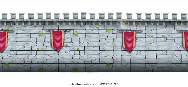 Ancient castle stone seamless background, brick medieval city wall, fortress gray cracked texture. Game fortification illustration, red standard, old town border. Stone wall architecture front view