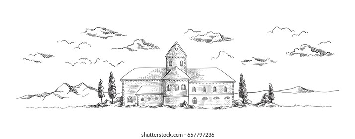 ancient castle with trees vector illustration sketch hand drawn