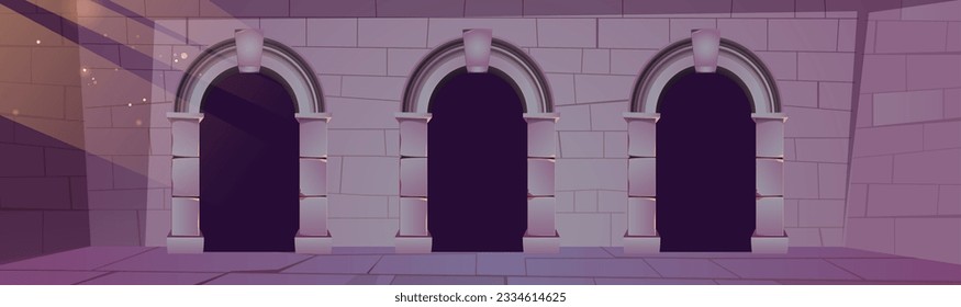 Ancient castle wall with doorways. Vector cartoon illustration of stone dungeon with spooky dark doors, medieval underground prison, royal palace basement, haunted fortress corridor. Game background