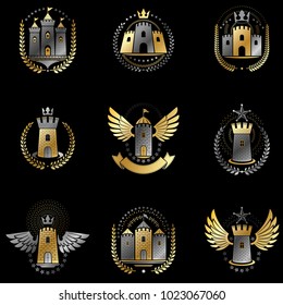 Ancient Castles emblems set. Heraldic Coat of Arms decorative logos isolated vector illustrations collection.