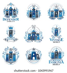 Ancient Castles emblems set. Heraldic Coat of Arms decorative logos isolated vector illustrations collection.