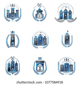 Ancient Castles emblems set. Heraldic Coat of Arms decorative logos isolated vector illustrations collection.