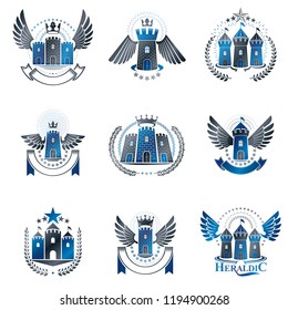 Ancient Castles emblems set. Heraldic Coat of Arms decorative logos isolated vector illustrations collection.
