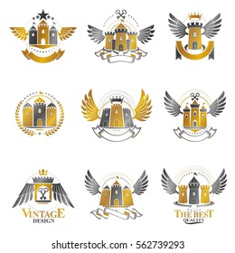 Ancient Castles emblems set. Heraldic Coat of Arms decorative logos isolated vector illustrations collection.