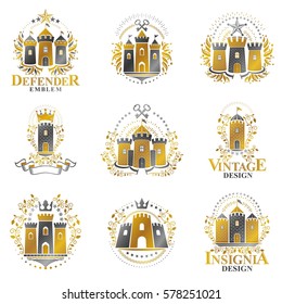 Ancient Castles emblems set. Heraldic Coat of Arms decorative logos isolated vector illustrations collection.