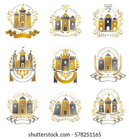 Ancient Castles emblems set. Heraldic Coat of Arms decorative logos isolated vector illustrations collection.