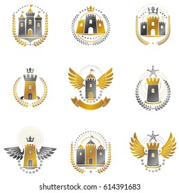 Ancient Castles emblems set. Heraldic Coat of Arms decorative logos isolated vector illustrations collection.