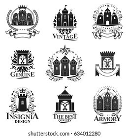 Ancient Castles emblems set. Heraldic Coat of Arms decorative logos isolated vector illustrations collection.