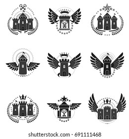 Ancient Castles emblems set. Heraldic Coat of Arms decorative logos isolated vector illustrations collection.
