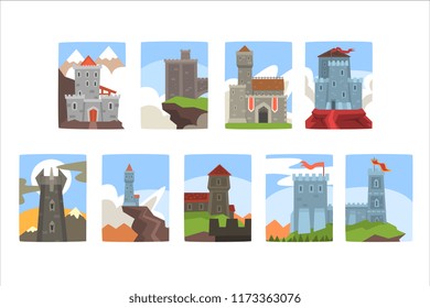 Ancient castles and fortresses set, medieval architecture landscape
