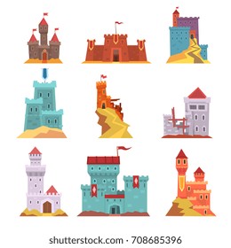 Ancient castles and fortresses set, various buildings of medieval architecture vector Illustrations